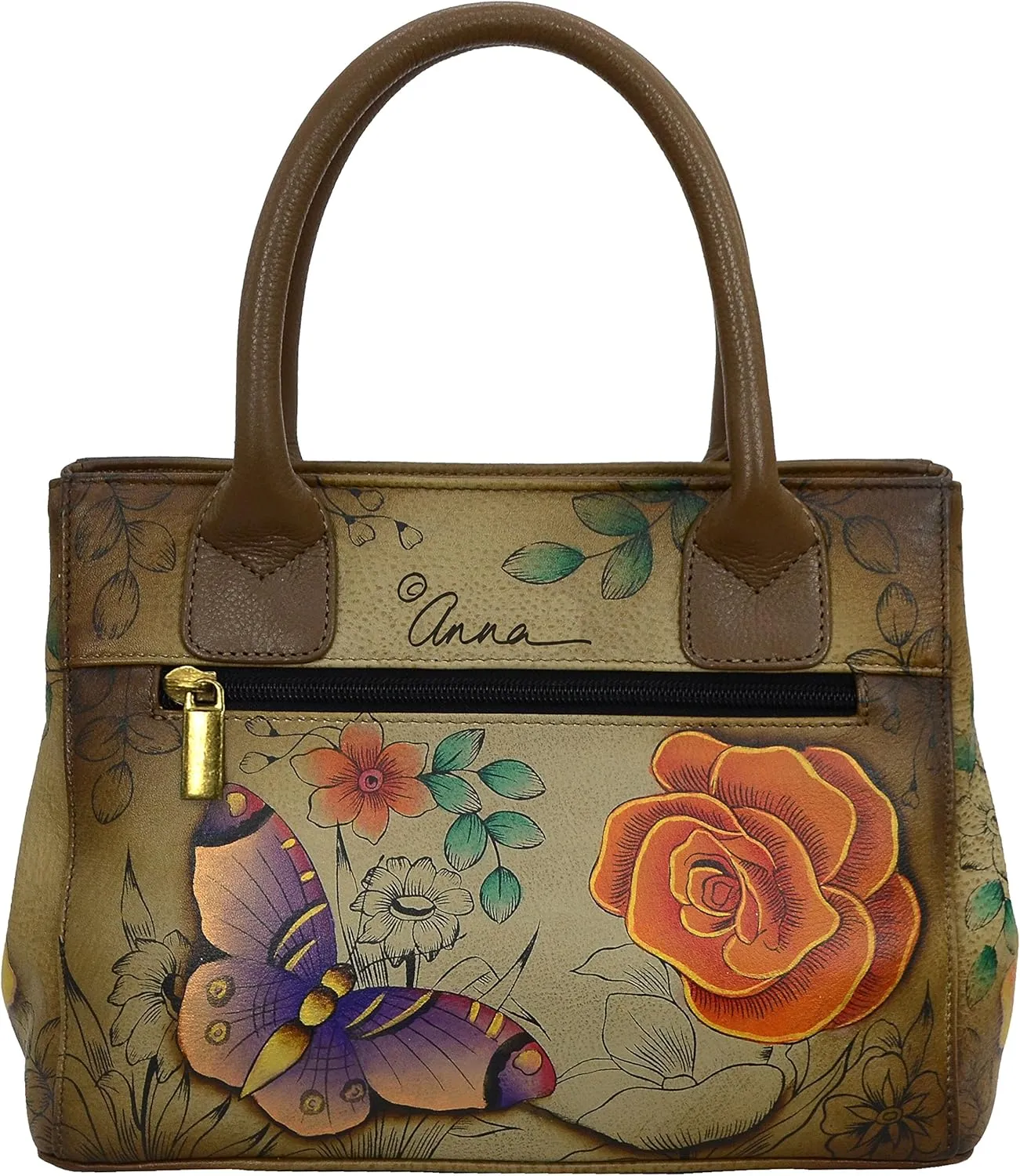 Anna by Anuschka Womens Hand Painted Genuine Leather Small Convertible Tote - Double Short Handle, Removable Crossbody Strap
