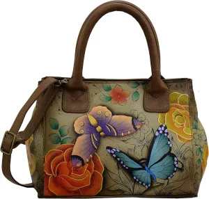 Anna by Anuschka Womens Hand Painted Genuine Leather Small Convertible Tote - Double Short Handle, Removable Crossbody Strap