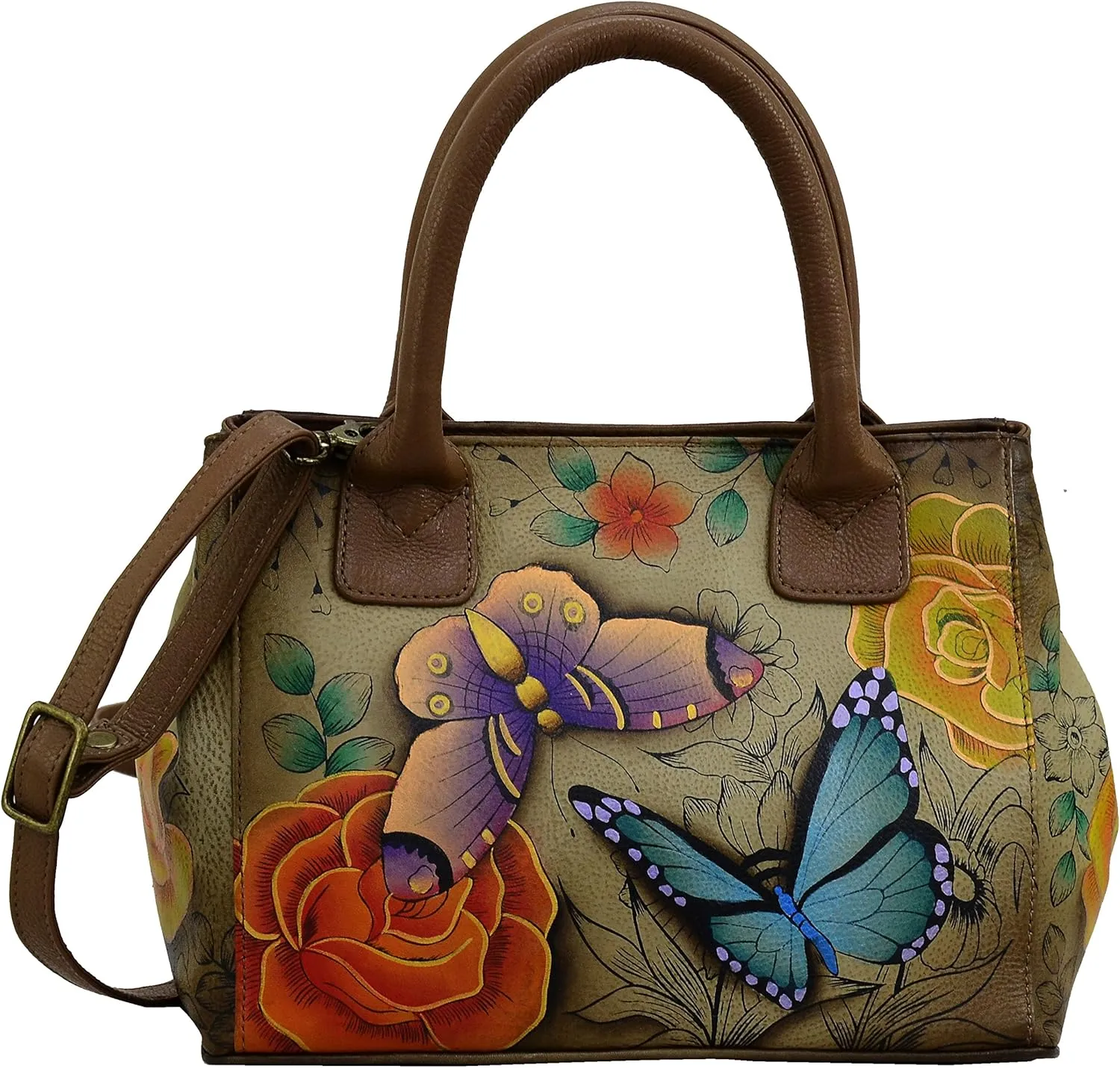 Anna by Anuschka Womens Hand Painted Genuine Leather Small Convertible Tote - Double Short Handle, Removable Crossbody Strap