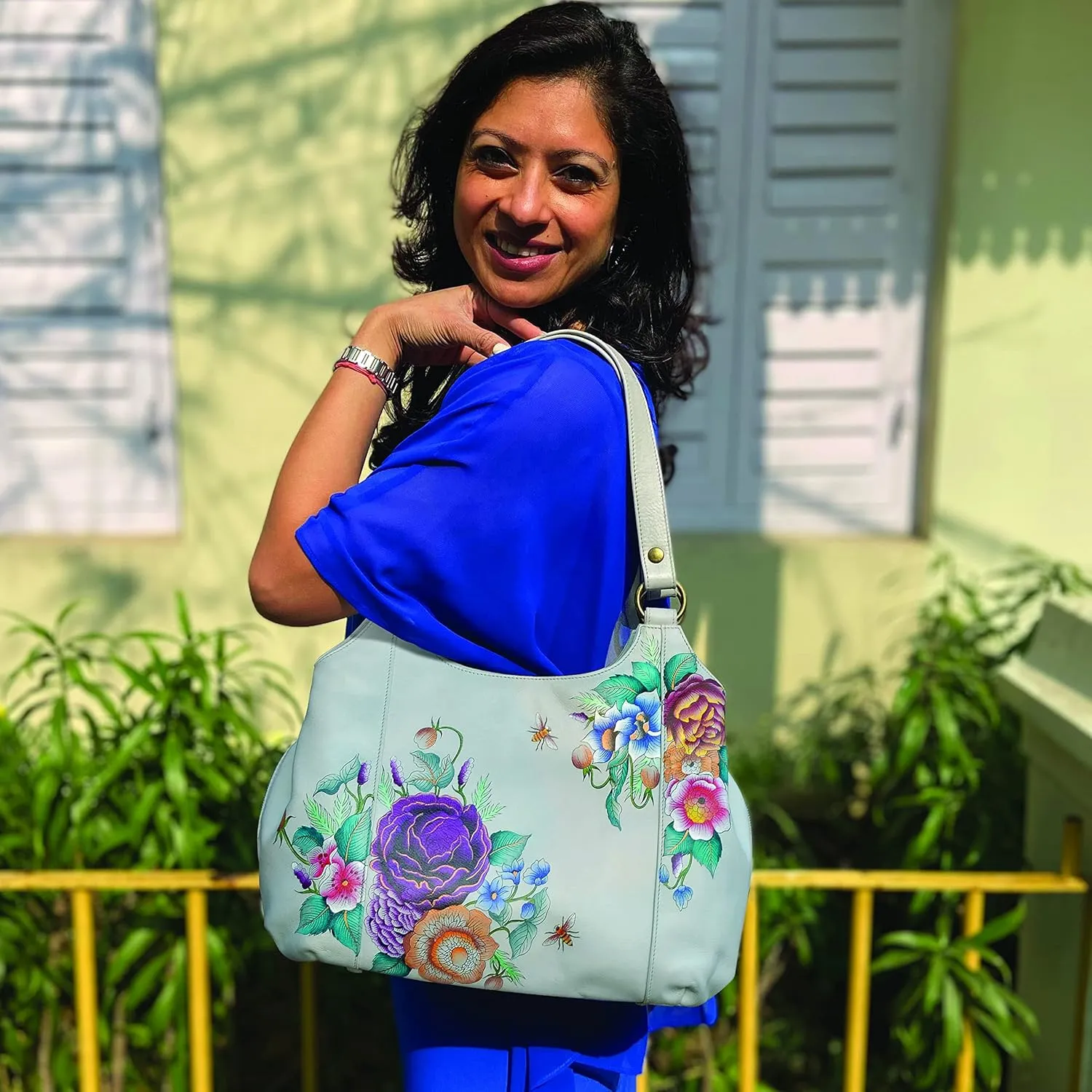 Anuschka Womens Genuine Leather Large Triple Compartment Hobo - Hand Painted Exterior