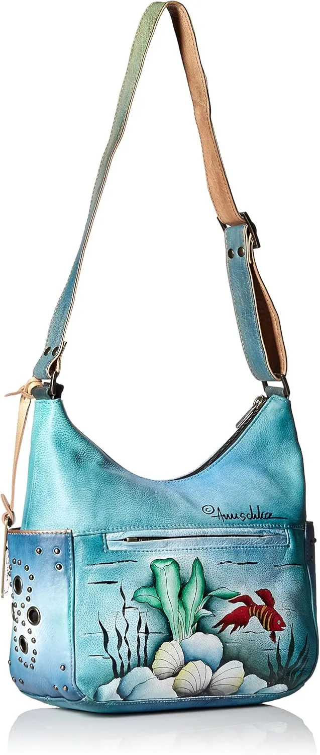 Anuschka Women's Genuine Leather Shoulder Bag | Hand Painted Original Artwork | Classic Hobo With Studded Side Pockets