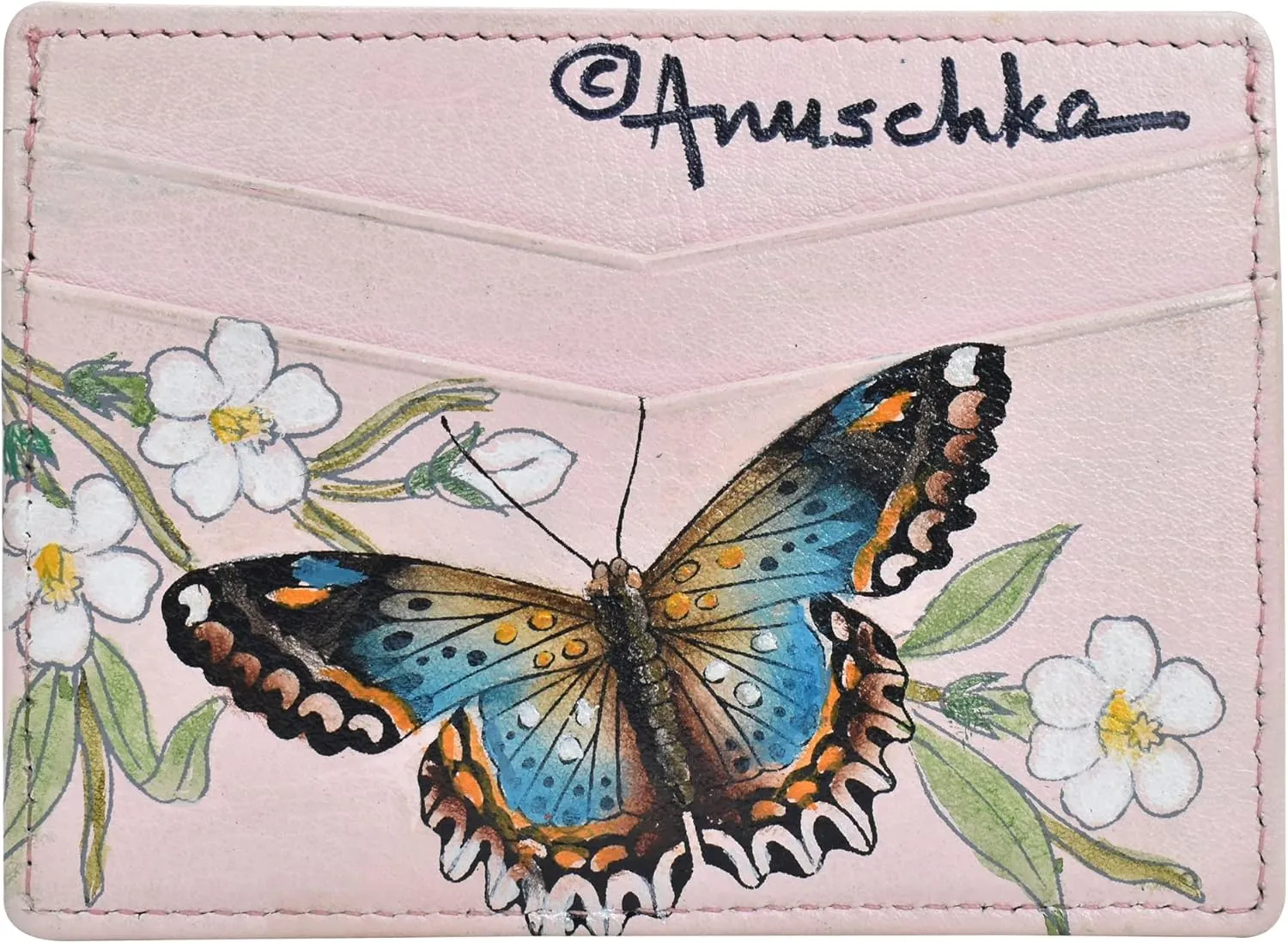 Anuschka Womens Hand-Painted Genuine Leather Credit Card Case - Butterfly Melody