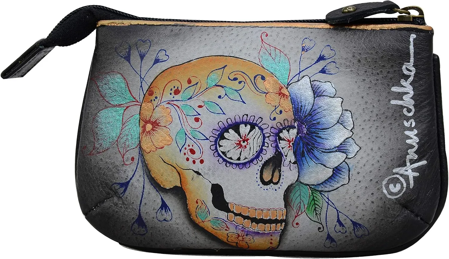 Anuschka Womens Hand-Painted Genuine Leather Medium Zip Pouch - Coin and Key Pouch - Zippered, 2 Key Fobs
