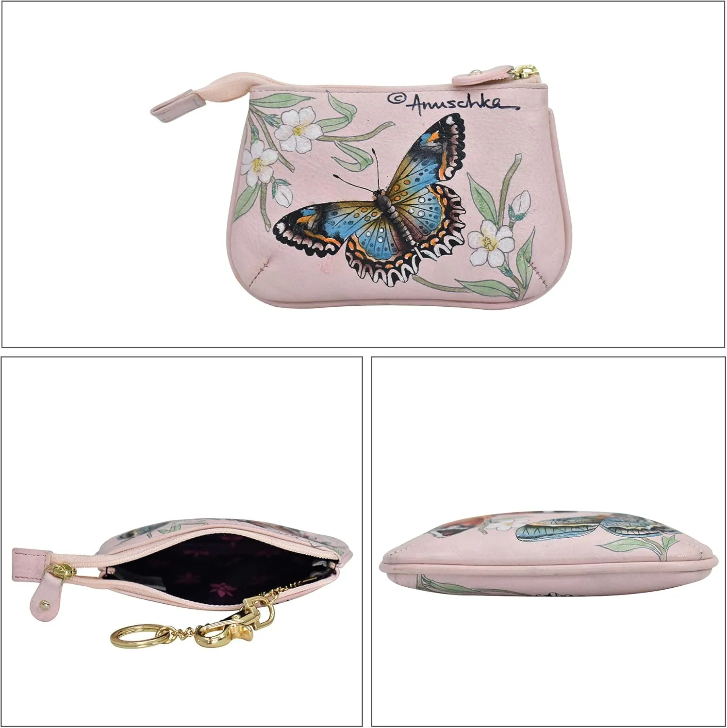 Anuschka Womens Hand-Painted Genuine Leather Medium Zip Pouch - Coin and Key Pouch - Zippered, 2 Key Fobs