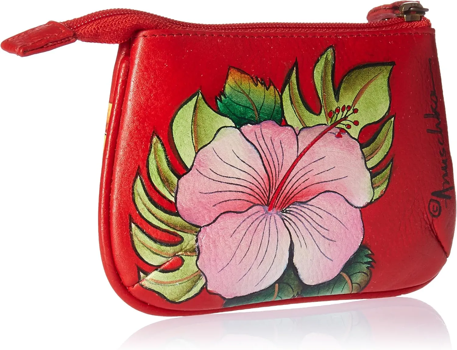 Anuschka Womens Hand-Painted Genuine Leather Medium Zip Pouch - Coin and Key Pouch - Zippered, 2 Key Fobs
