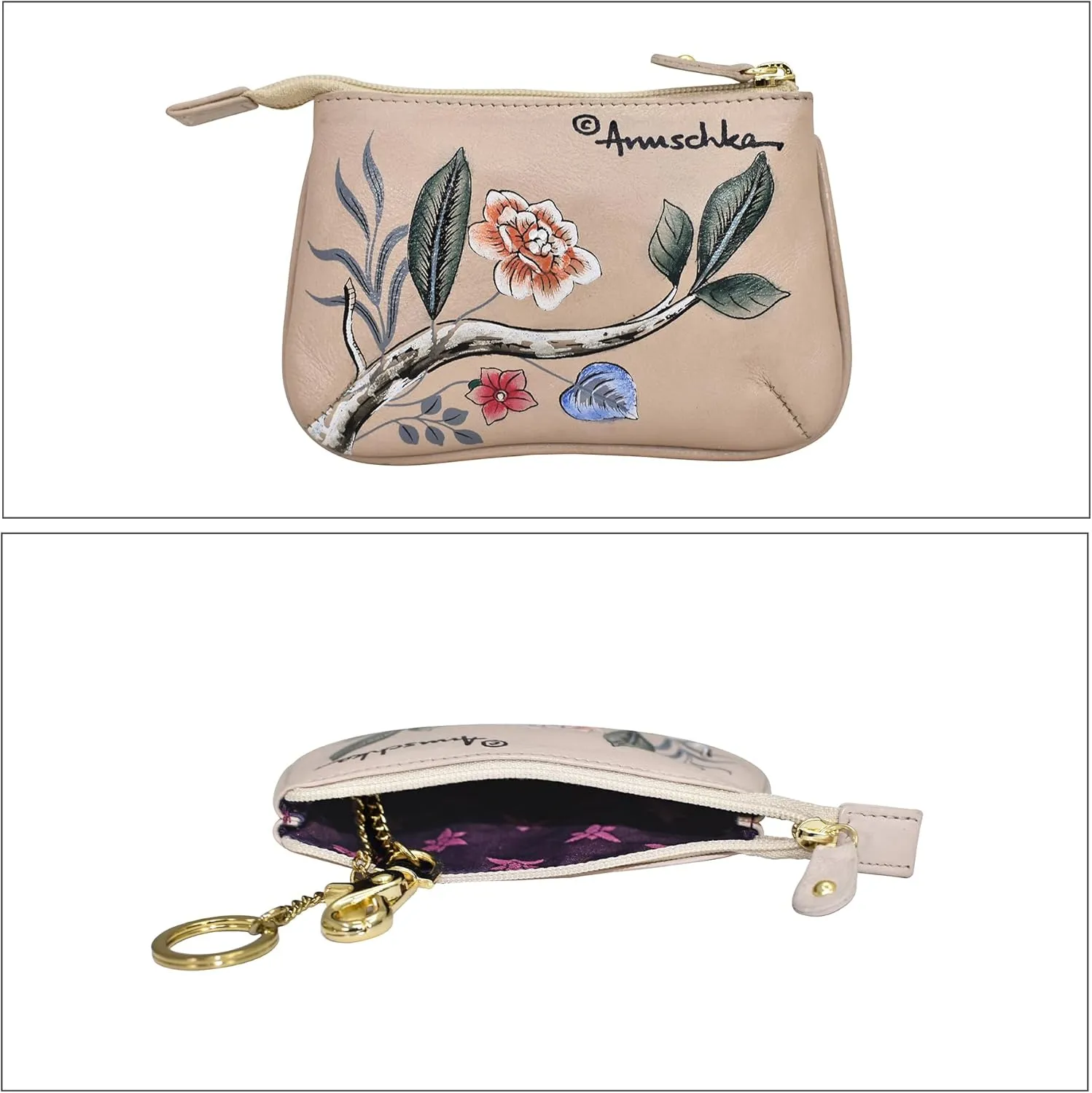 Anuschka Womens Hand-Painted Genuine Leather Medium Zip Pouch - Coin and Key Pouch - Zippered, 2 Key Fobs