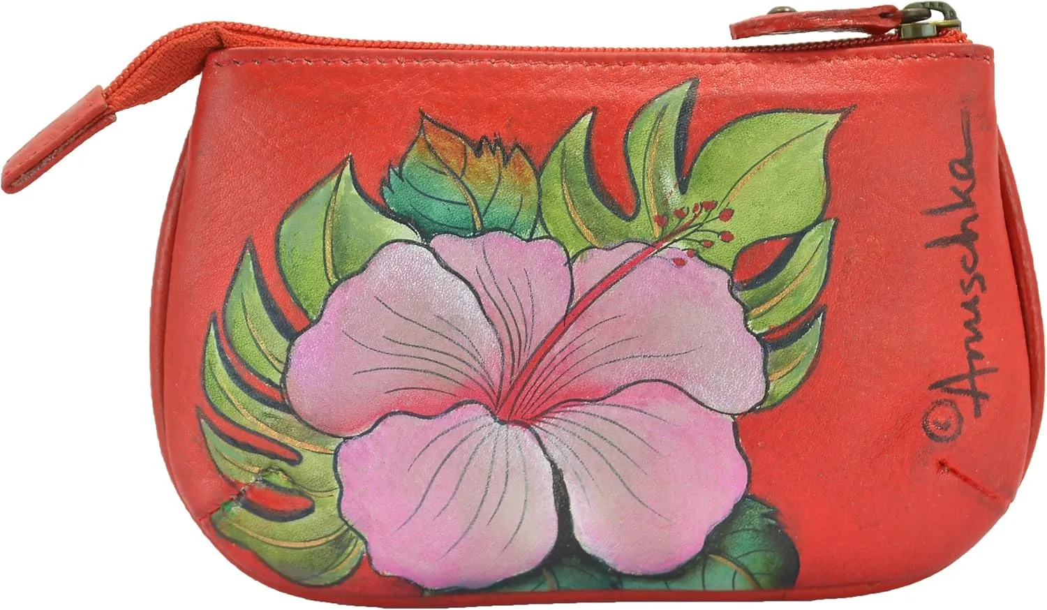 Anuschka Womens Hand-Painted Genuine Leather Medium Zip Pouch - Coin and Key Pouch - Zippered, 2 Key Fobs
