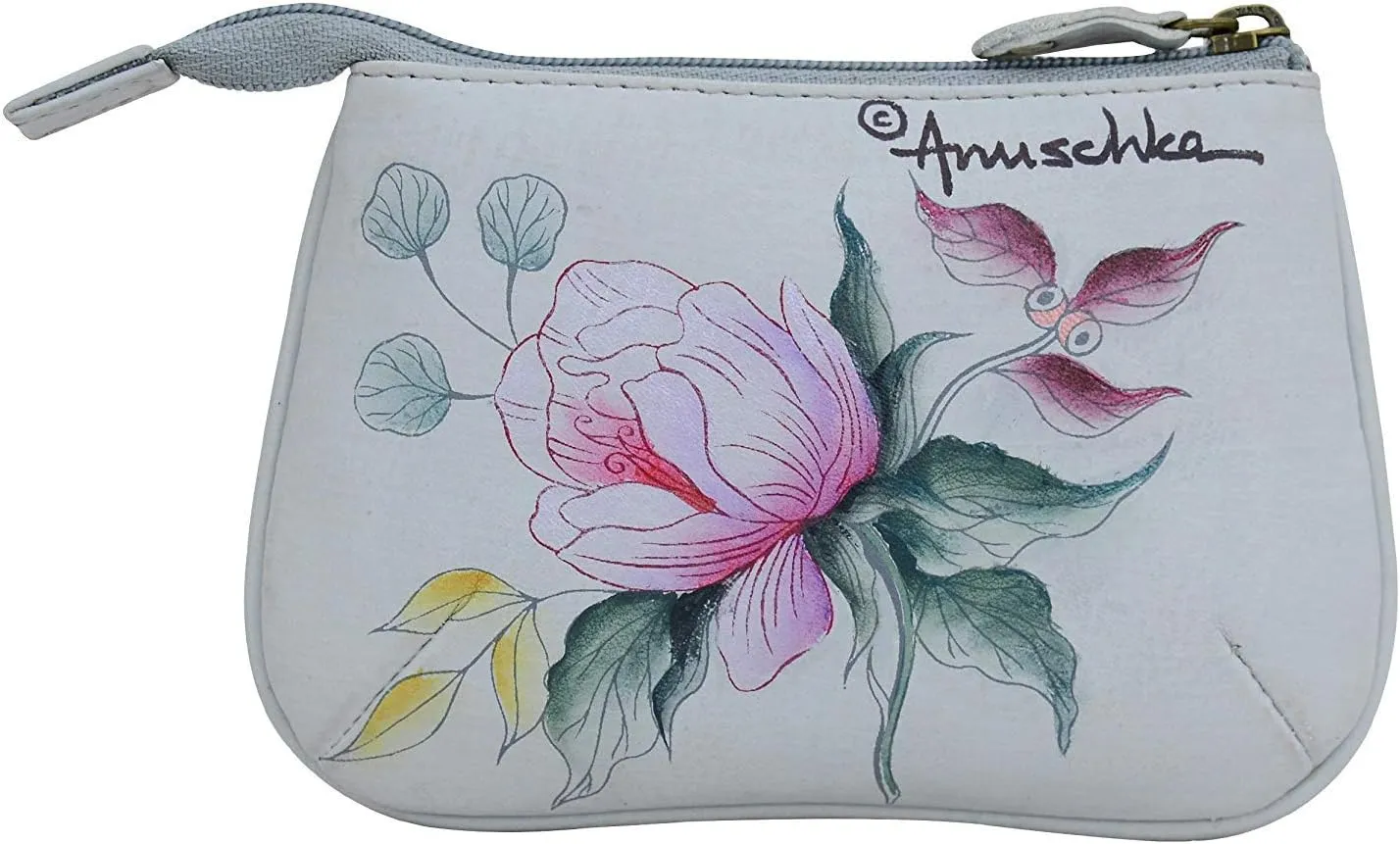 Anuschka Womens Hand-Painted Genuine Leather Medium Zip Pouch - Coin and Key Pouch - Zippered, 2 Key Fobs