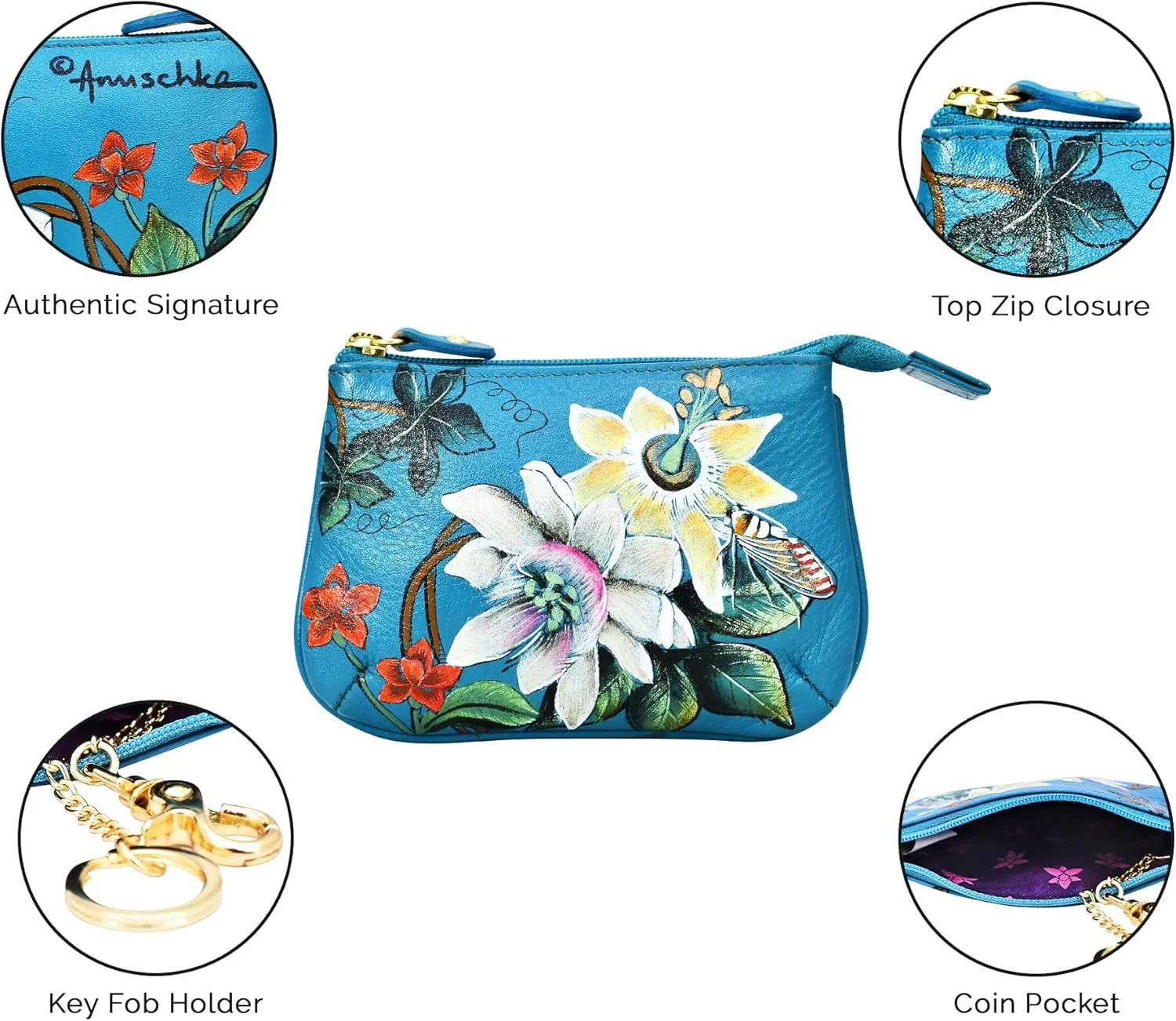 Anuschka Womens Hand-Painted Genuine Leather Medium Zip Pouch - Coin and Key Pouch - Zippered, 2 Key Fobs