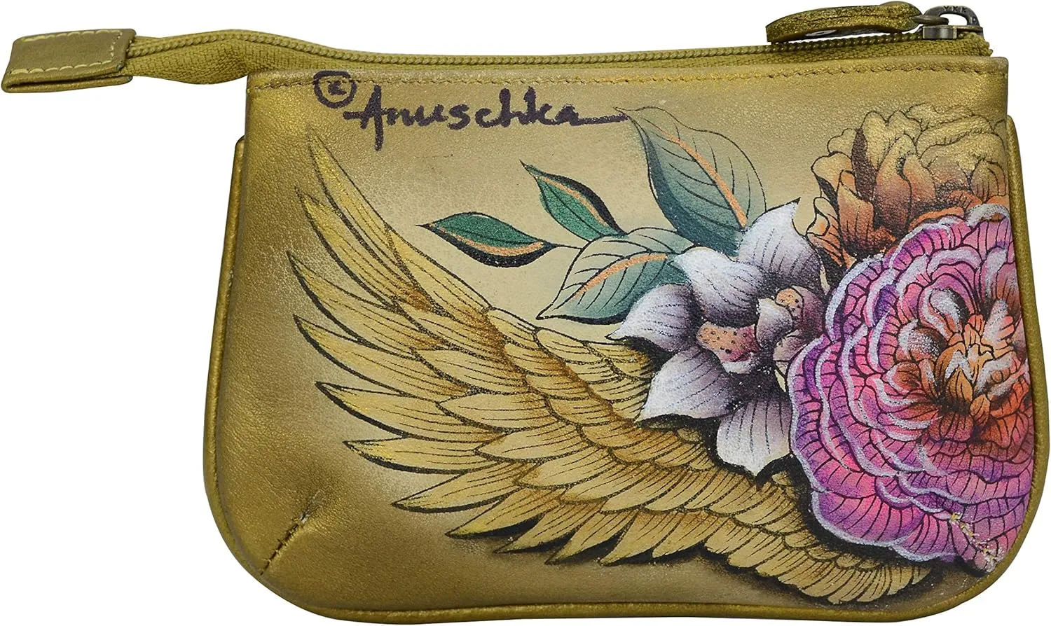 Anuschka Womens Hand-Painted Genuine Leather Medium Zip Pouch - Coin and Key Pouch - Zippered, 2 Key Fobs
