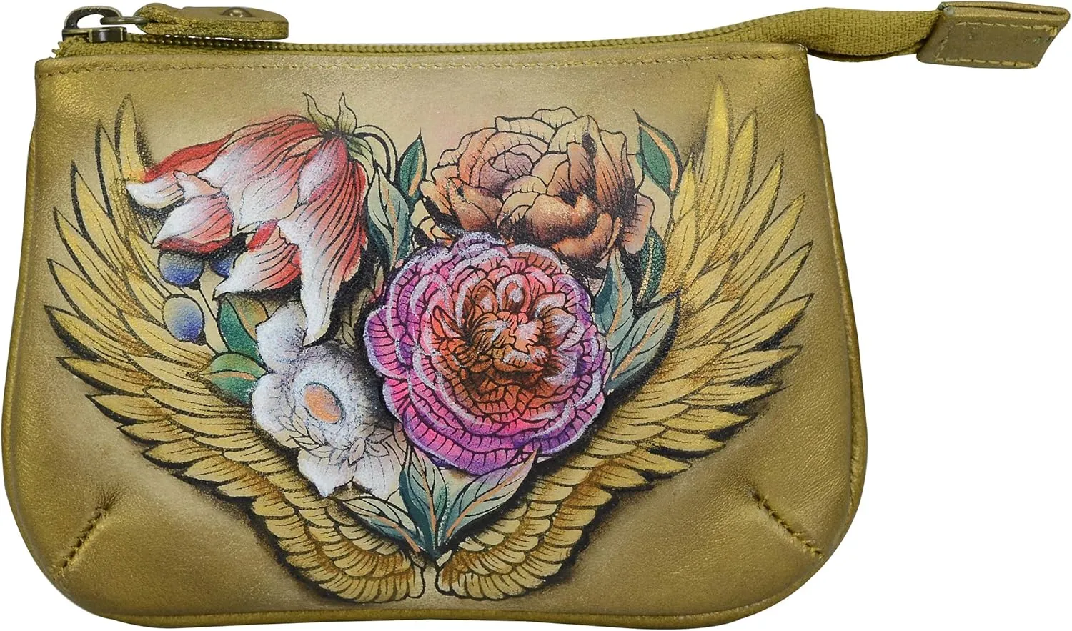 Anuschka Womens Hand-Painted Genuine Leather Medium Zip Pouch - Coin and Key Pouch - Zippered, 2 Key Fobs