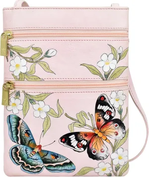Anuschka Womens Hand Painted Genuine Leather Mini Double Zip Travel Crossbody - Magnetic Closure, ID Holder & Optical Case