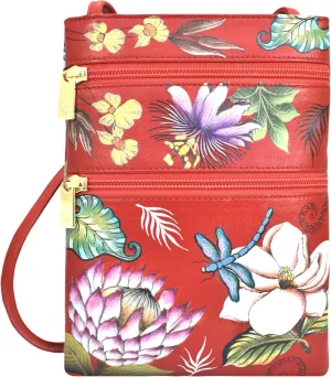 Anuschka Womens Hand Painted Genuine Leather Mini Double Zip Travel Crossbody - Magnetic Closure, ID Holder & Optical Case
