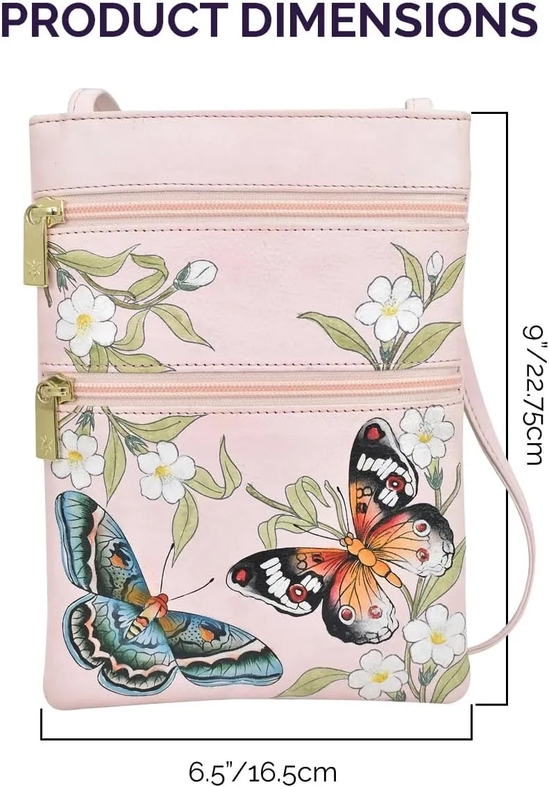Anuschka Womens Hand Painted Genuine Leather Mini Double Zip Travel Crossbody - Magnetic Closure, ID Holder & Optical Case
