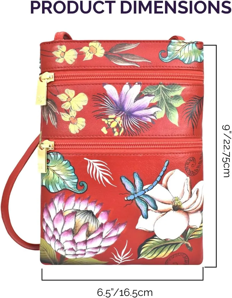 Anuschka Womens Hand Painted Genuine Leather Mini Double Zip Travel Crossbody - Magnetic Closure, ID Holder & Optical Case
