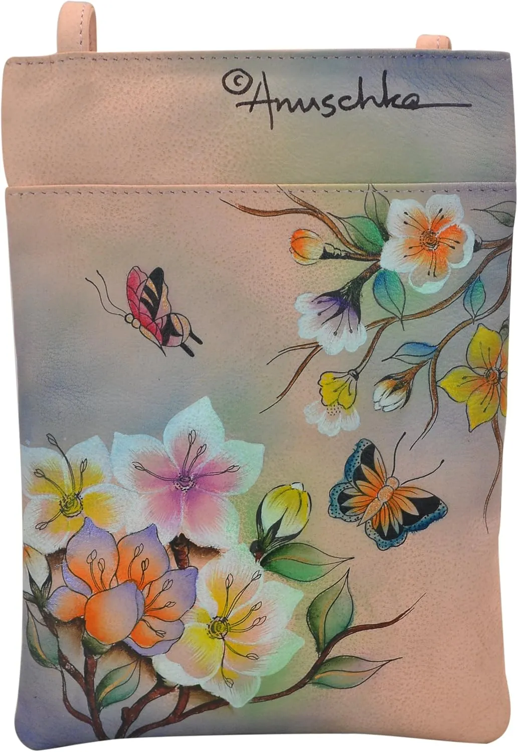 Anuschka Womens Hand Painted Genuine Leather Mini Double Zip Travel Crossbody - Magnetic Closure, ID Holder & Optical Case