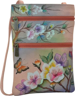 Anuschka Womens Hand Painted Genuine Leather Mini Double Zip Travel Crossbody - Magnetic Closure, ID Holder & Optical Case