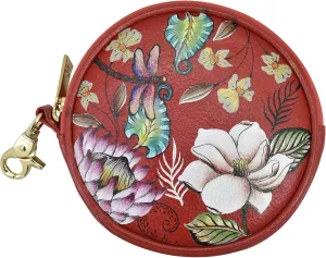 Anuschka Womens Hand-Painted Genuine Leather Round Coin Purse - Crimson Garden
