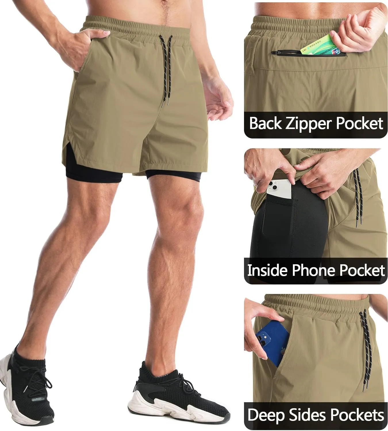 Aolesy Men's 2 in 1 Running Shorts - 5" Workout Gym Athletic Shorts Quick Dry Lightweight Training Shorts with Pockets