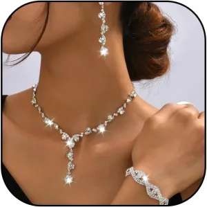Aonklot Silver Jewelry Set for Women Rhinestone Necklace and Earrings Sets for Women Wedding Jewelry Sets for Brides Formal Costume Jewelry Accessories for Women and Brides
