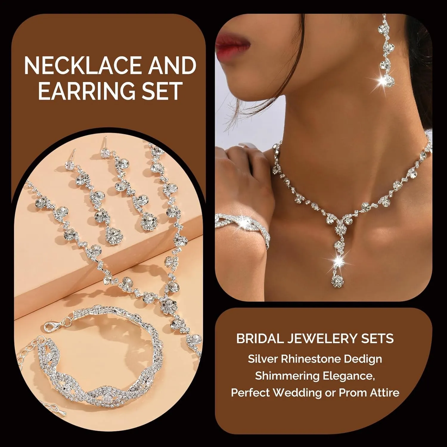 Aonklot Silver Jewelry Set for Women Rhinestone Necklace and Earrings Sets for Women Wedding Jewelry Sets for Brides Formal Costume Jewelry Accessories for Women and Brides