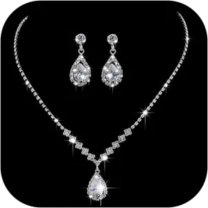Aonklot Silver Jewelry Set for Women Rhinestone Necklace and Earrings Sets for Women Wedding Jewelry Sets for Brides Formal Costume Jewelry Accessories for Women and Brides
