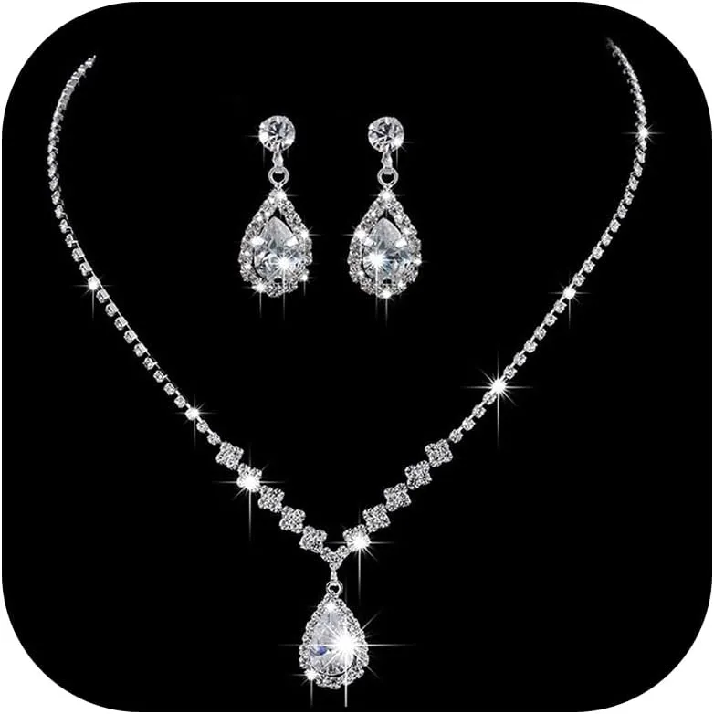 Aonklot Silver Jewelry Set for Women Rhinestone Necklace and Earrings Sets for Women Wedding Jewelry Sets for Brides Formal Costume Jewelry Accessories for Women and Brides