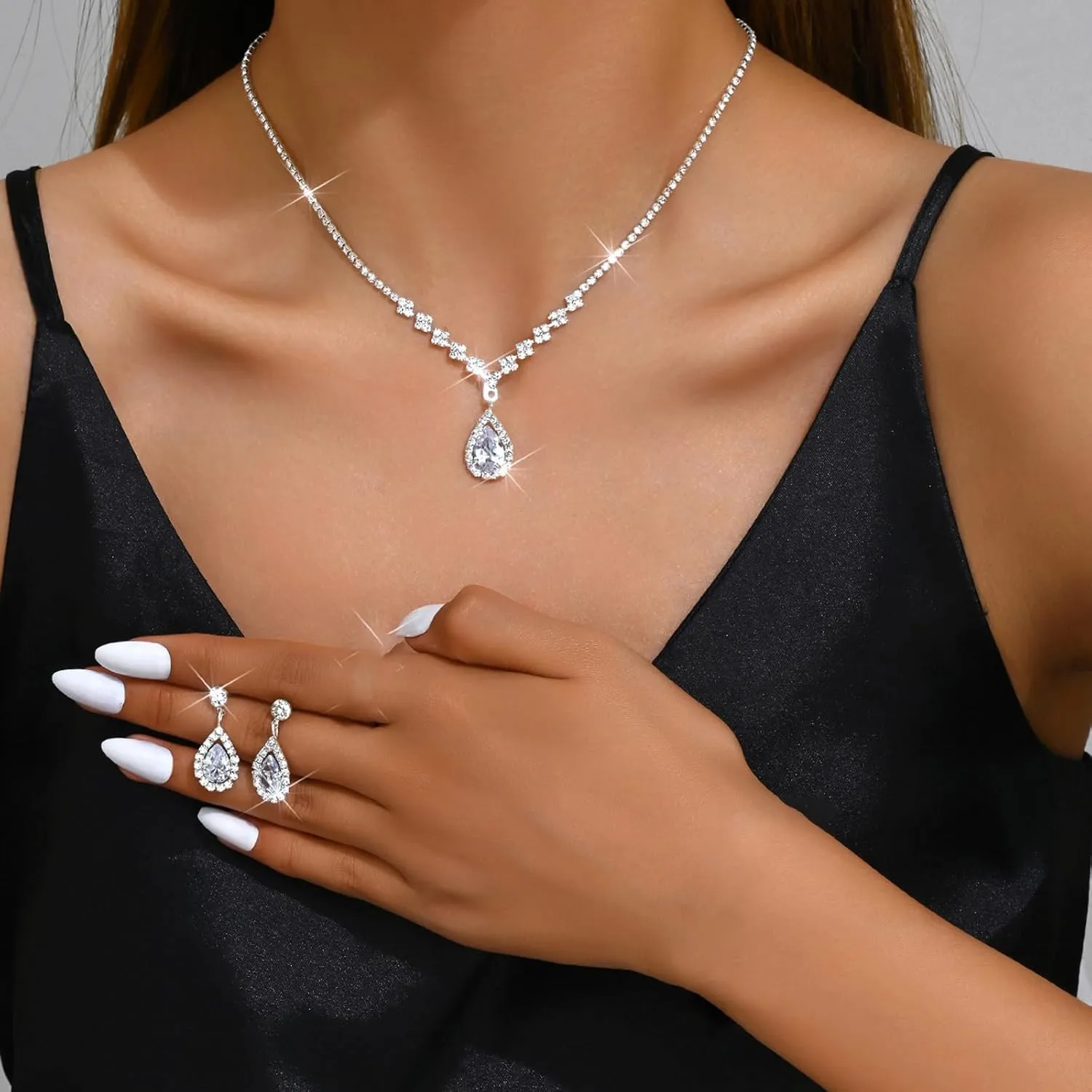 Aonklot Silver Jewelry Set for Women Rhinestone Necklace and Earrings Sets for Women Wedding Jewelry Sets for Brides Formal Costume Jewelry Accessories for Women and Brides