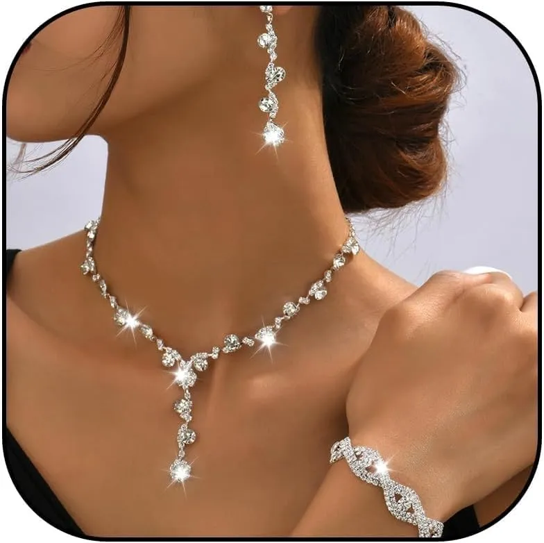 Aonklot Silver Jewelry Set for Women Rhinestone Necklace and Earrings Sets for Women Wedding Jewelry Sets for Brides Formal Costume Jewelry Accessories for Women and Brides