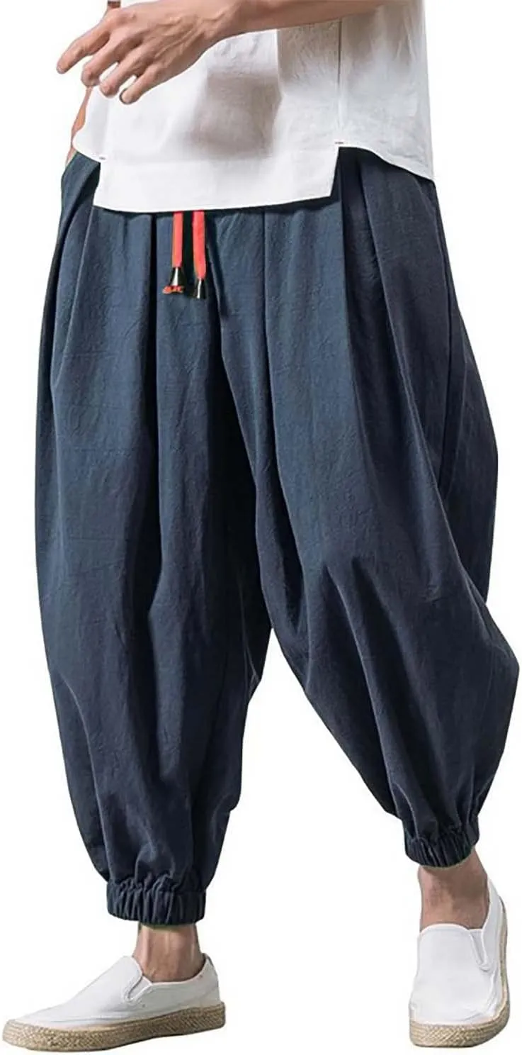 Baggy Pants Men Hip Hop Summer Casual Tapered Harem Pants Hippie Vintage Drawstring Breathable Plus Size Drop Crotch Trousers