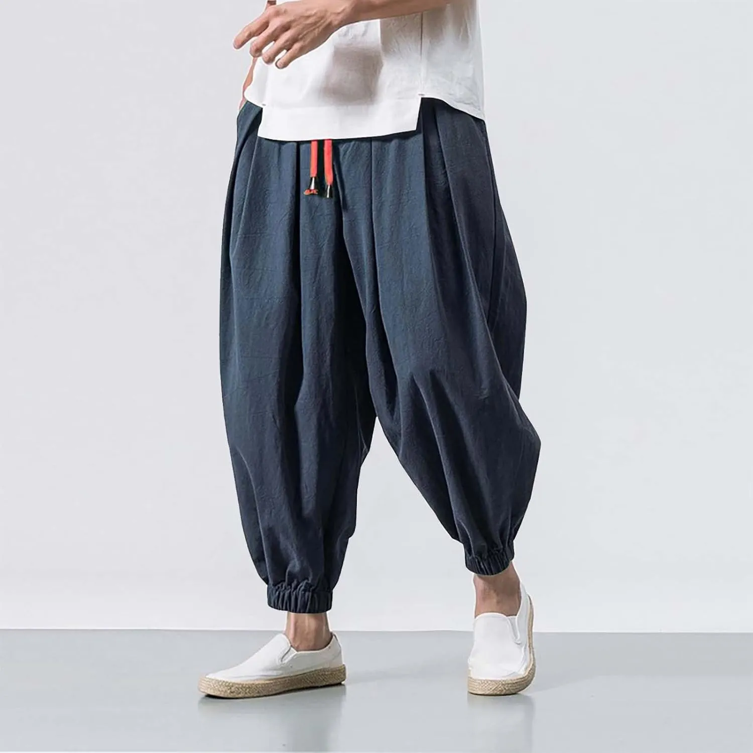 Baggy Pants Men Hip Hop Summer Casual Tapered Harem Pants Hippie Vintage Drawstring Breathable Plus Size Drop Crotch Trousers
