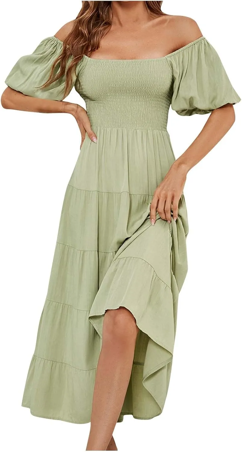 Birthday Dresses for Women Maxi Dresses for Women 2024 Summer Boho Dress Sexy Off The Shoulder Dresses Flowy Long Sundresses Vacation Beach Party Dress B-Green, Medium