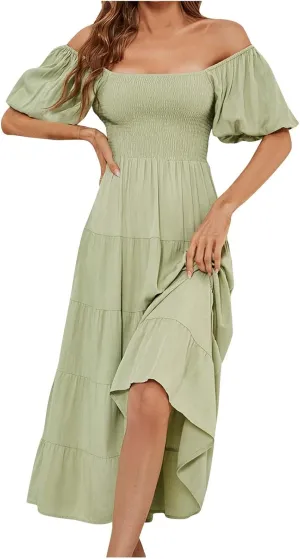 Birthday Dresses for Women Maxi Dresses for Women 2024 Summer Boho Dress Sexy Off The Shoulder Dresses Flowy Long Sundresses Vacation Beach Party Dress B-Green, Medium
