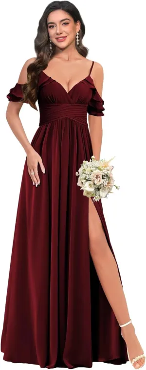 BITALY Chiffon Long Bridesmaid Dresses for Wedding V Neck Ruffled Evening Party Dress BI176
