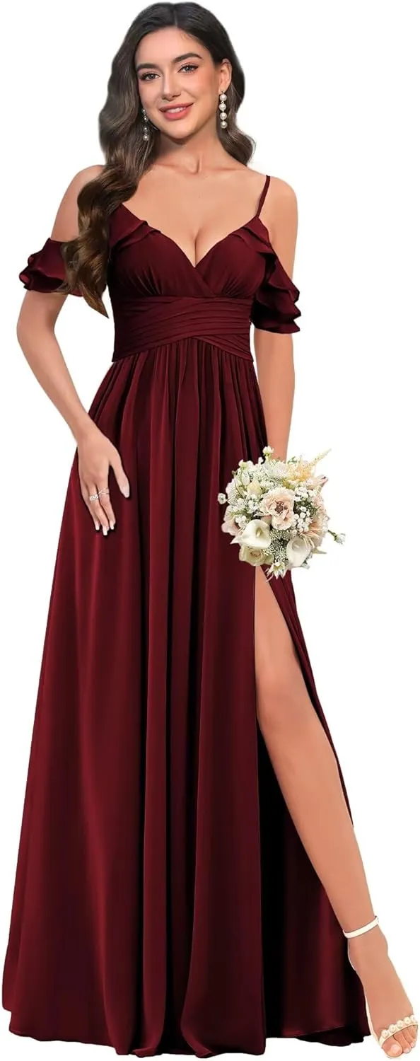 BITALY Chiffon Long Bridesmaid Dresses for Wedding V Neck Ruffled Evening Party Dress BI176