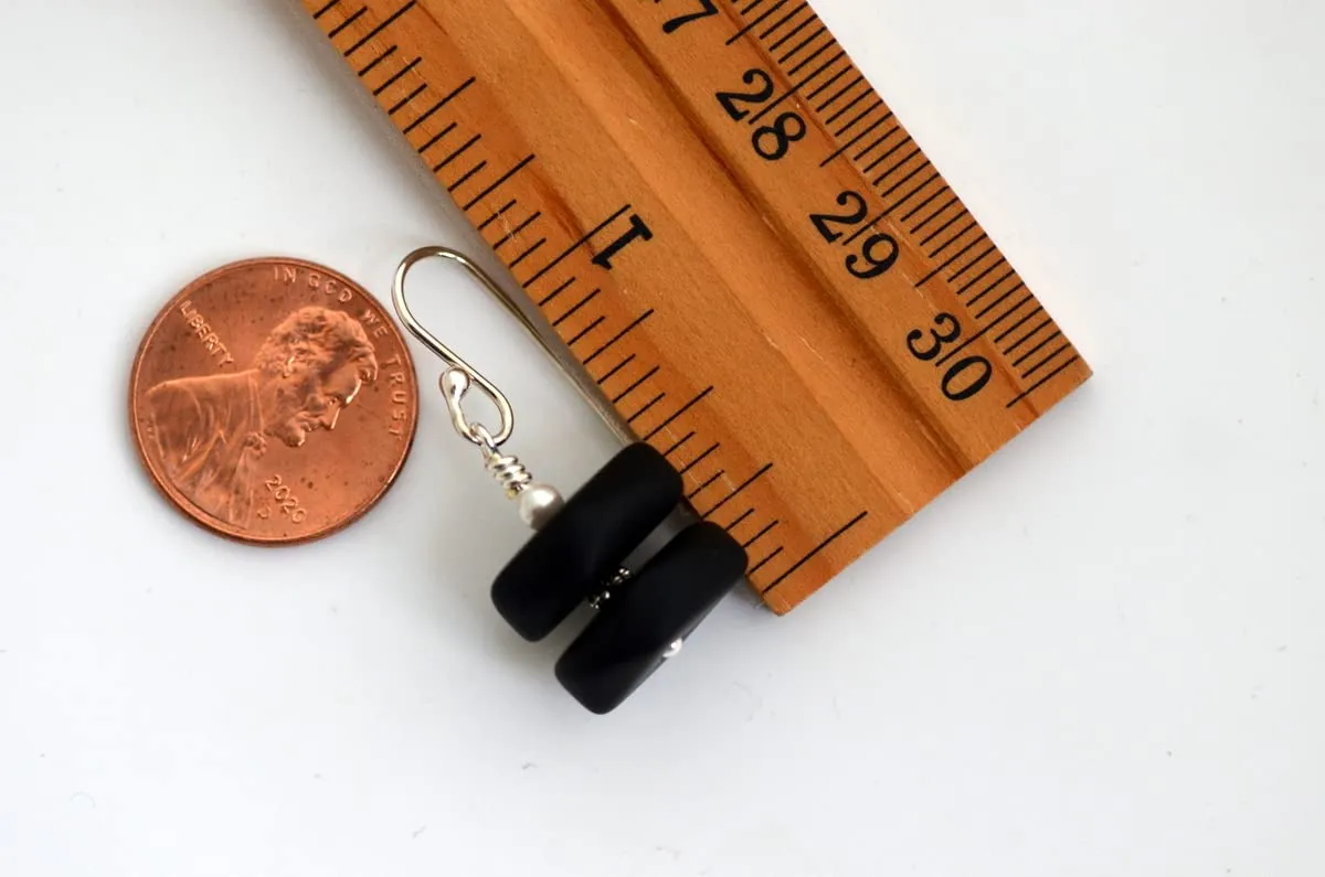 Black cultured sea glass dangle drop earrings white pearl jewelry hypoallergenic jewelry (Black with pearl)