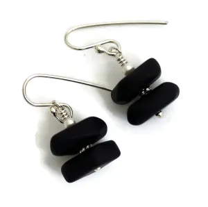 Black cultured sea glass dangle drop earrings white pearl jewelry hypoallergenic jewelry (Black with pearl)