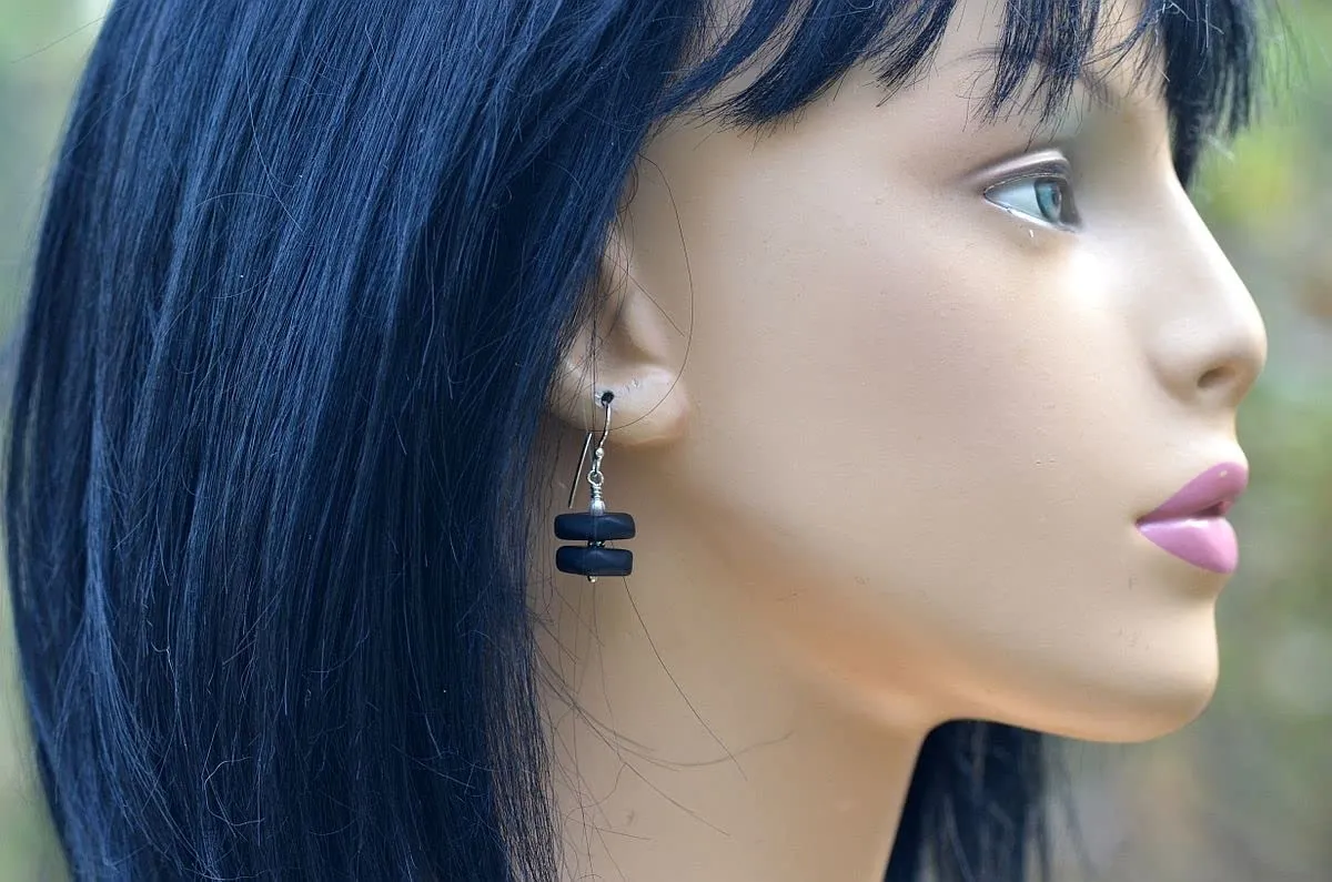 Black cultured sea glass dangle drop earrings white pearl jewelry hypoallergenic jewelry (Black with pearl)