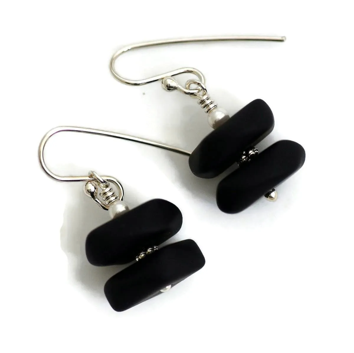 Black cultured sea glass dangle drop earrings white pearl jewelry hypoallergenic jewelry (Black with pearl)