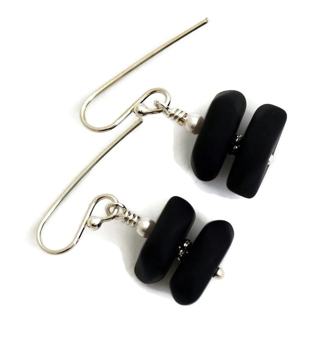 Black cultured sea glass dangle drop earrings white pearl jewelry hypoallergenic jewelry (Black with pearl)