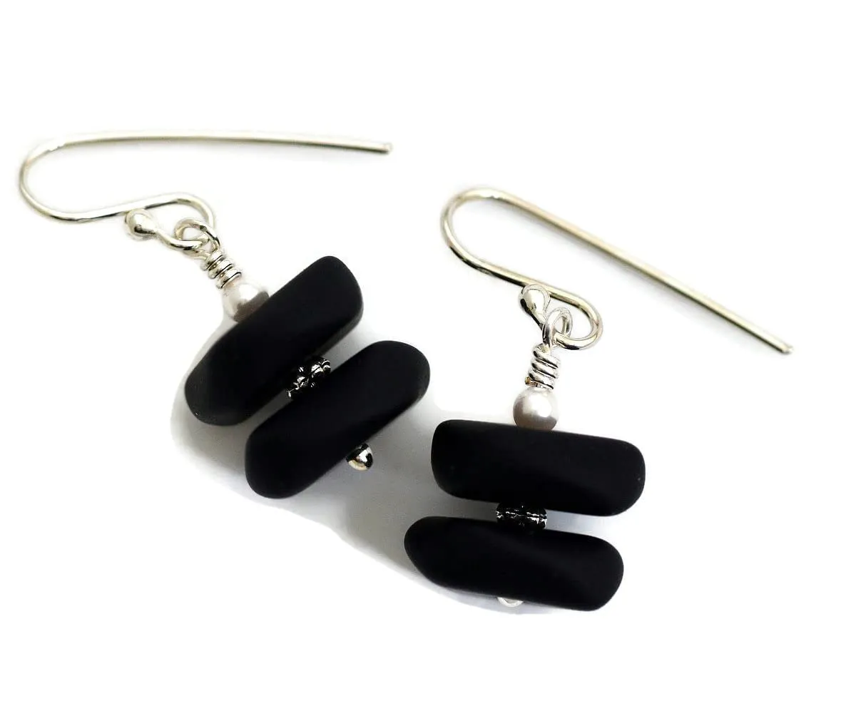 Black cultured sea glass dangle drop earrings white pearl jewelry hypoallergenic jewelry (Black with pearl)