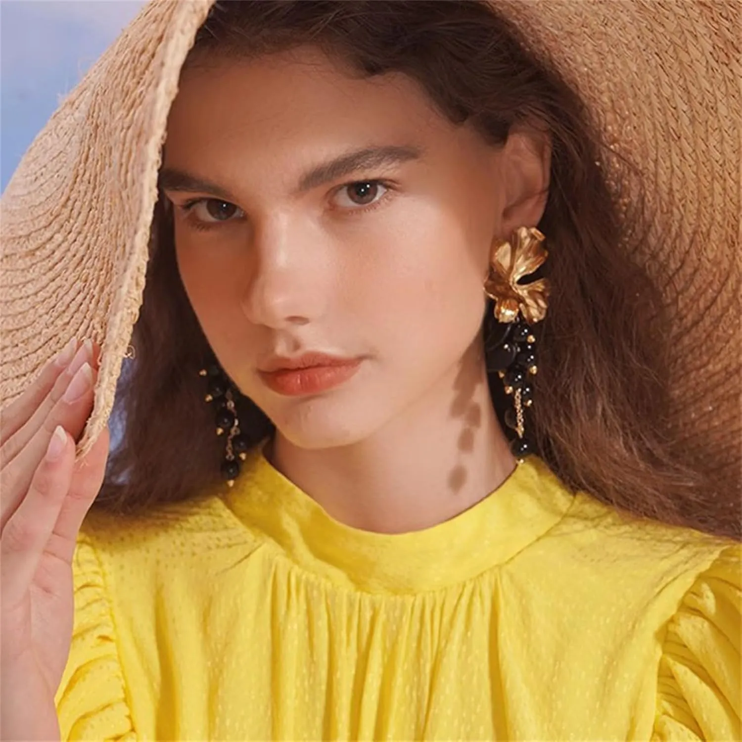 Bohemian Statement Gold Flower Drop Earrings for Women Large Metal Flower Earrings Gold Elegant Sculptural Exaggerated Floral Earring 14K Gold Plated Fashion Bridesmaid Wedding Party Jewelry