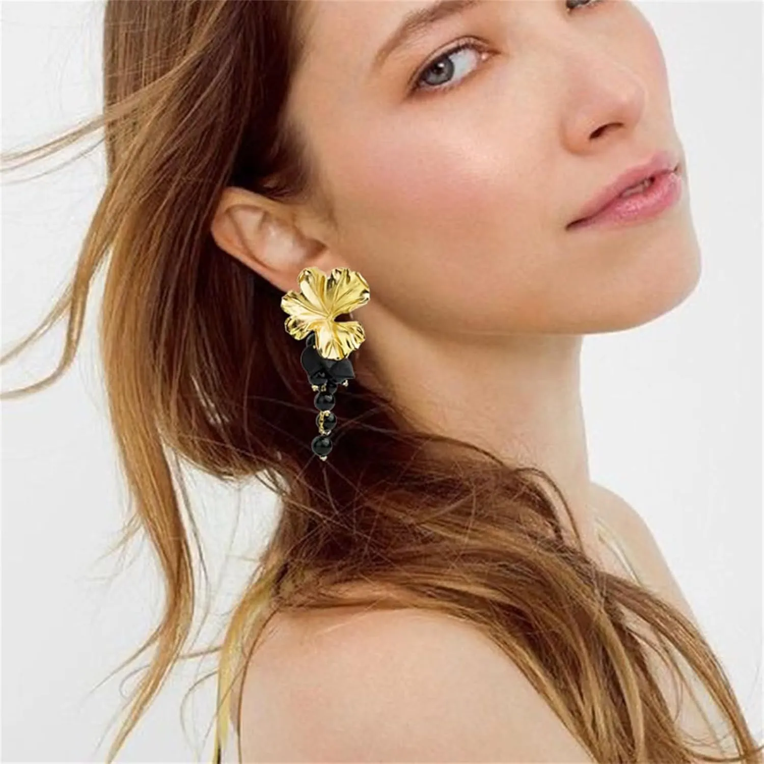 Bohemian Statement Gold Flower Drop Earrings for Women Large Metal Flower Earrings Gold Elegant Sculptural Exaggerated Floral Earring 14K Gold Plated Fashion Bridesmaid Wedding Party Jewelry