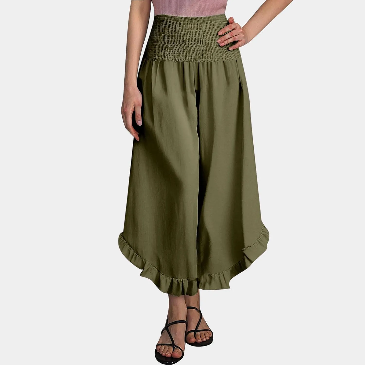 Boho Pants for Women Crinkle Waist Ruffled Hem Linen Wide Leg Bohemian Beach Casual Summer Palazzo Pants with Pockets