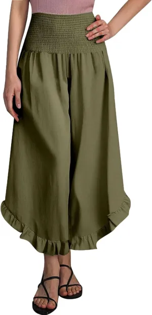 Boho Pants for Women Crinkle Waist Ruffled Hem Linen Wide Leg Bohemian Beach Casual Summer Palazzo Pants with Pockets