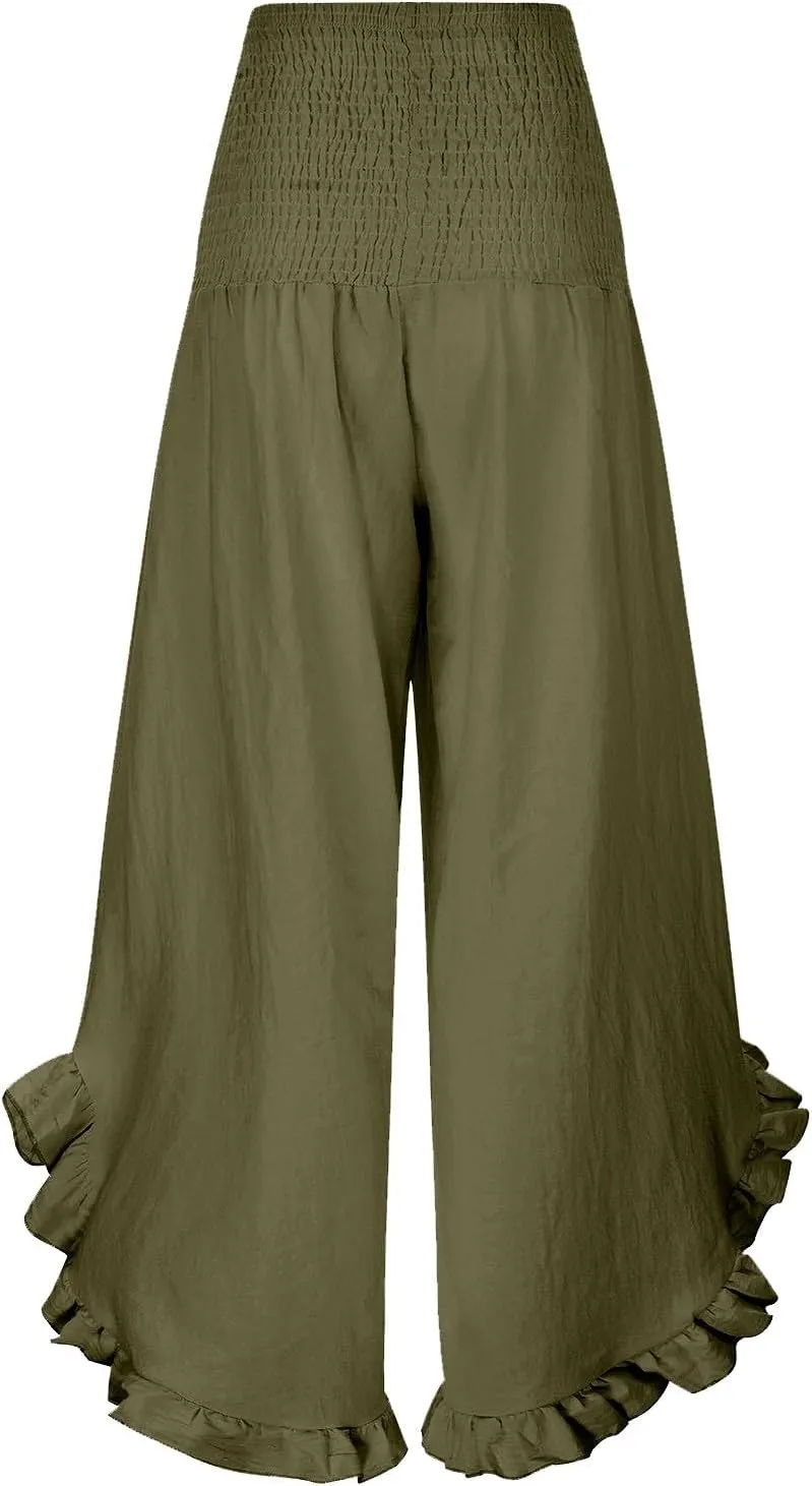 Boho Pants for Women Crinkle Waist Ruffled Hem Linen Wide Leg Bohemian Beach Casual Summer Palazzo Pants with Pockets