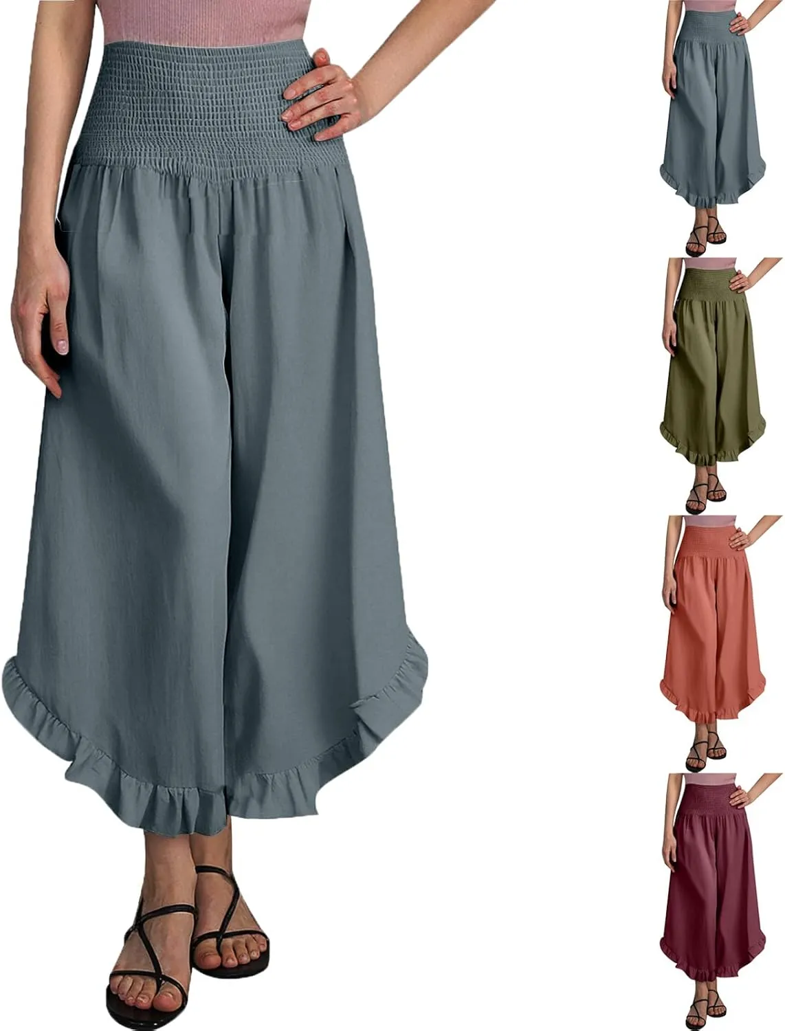 Boho Pants for Women Crinkle Waist Ruffled Hem Linen Wide Leg Bohemian Beach Casual Summer Palazzo Pants with Pockets