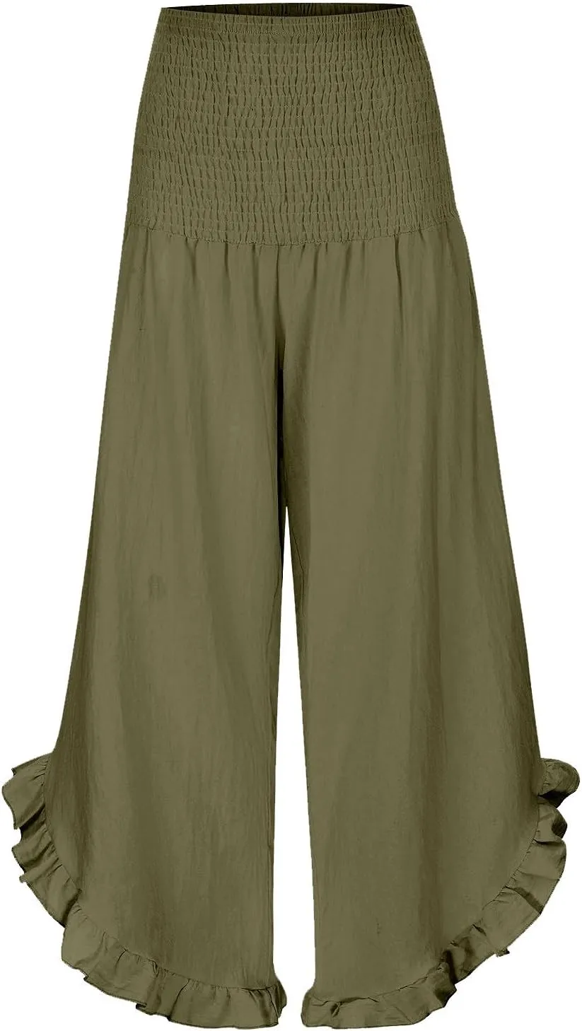 Boho Pants for Women Crinkle Waist Ruffled Hem Linen Wide Leg Bohemian Beach Casual Summer Palazzo Pants with Pockets