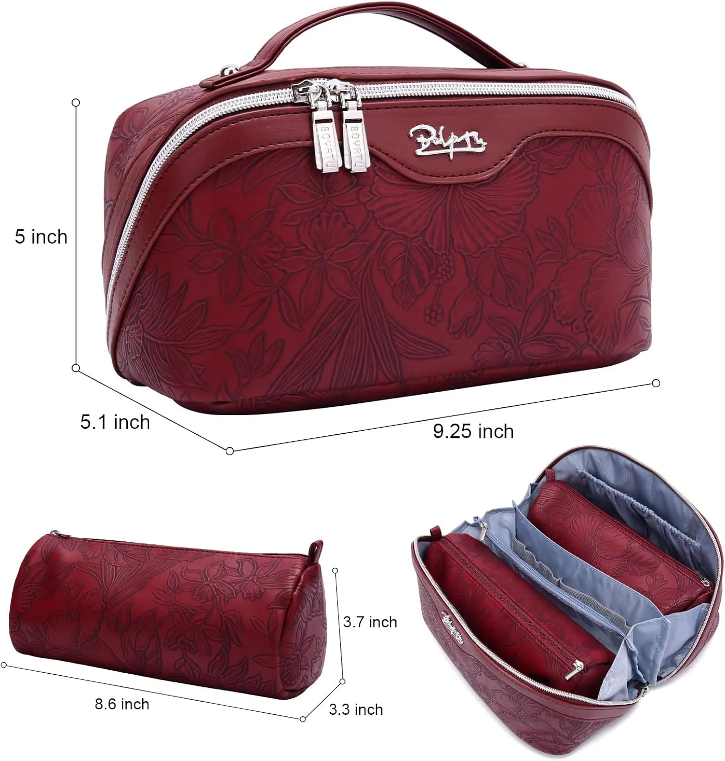 BOYATU Travel Makeup Bags Cosmetic Organizer Bag: 3-Set Large Capacity Make up Bag - PU Leather Toiletry Bags for Women - Wide Open Portable Pouch with Divider & Handle (02-Dark Red)