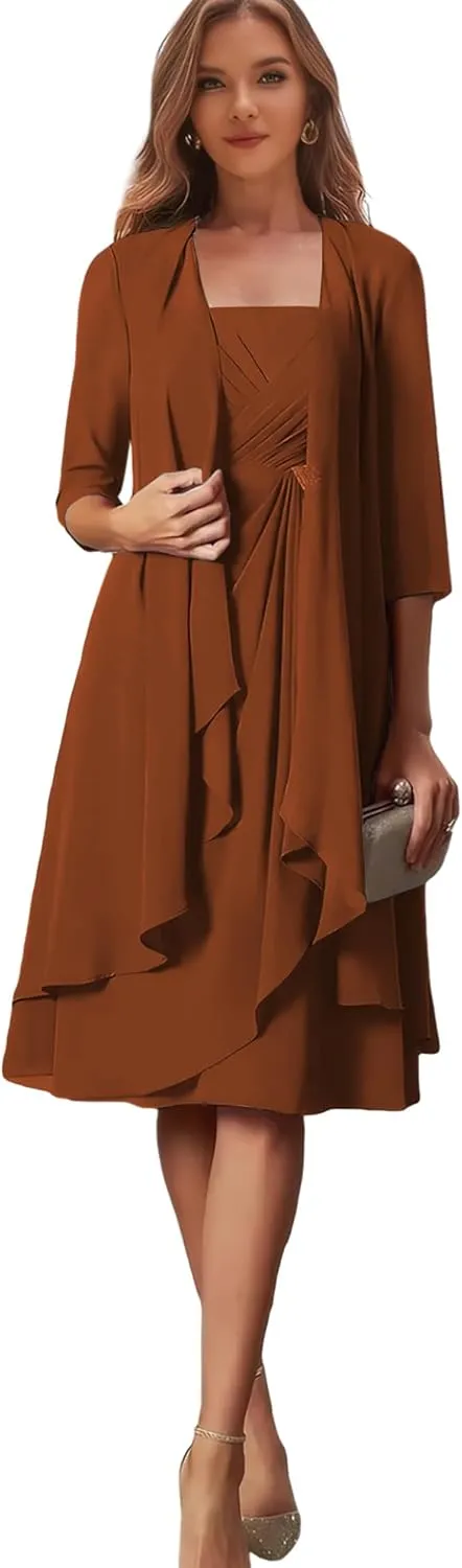 Burnt Orange Mother of The Bride Gowns for Wedding Plus Size Formal Dress 3/4 Chiffon Evening Dresses with Jacket US 24